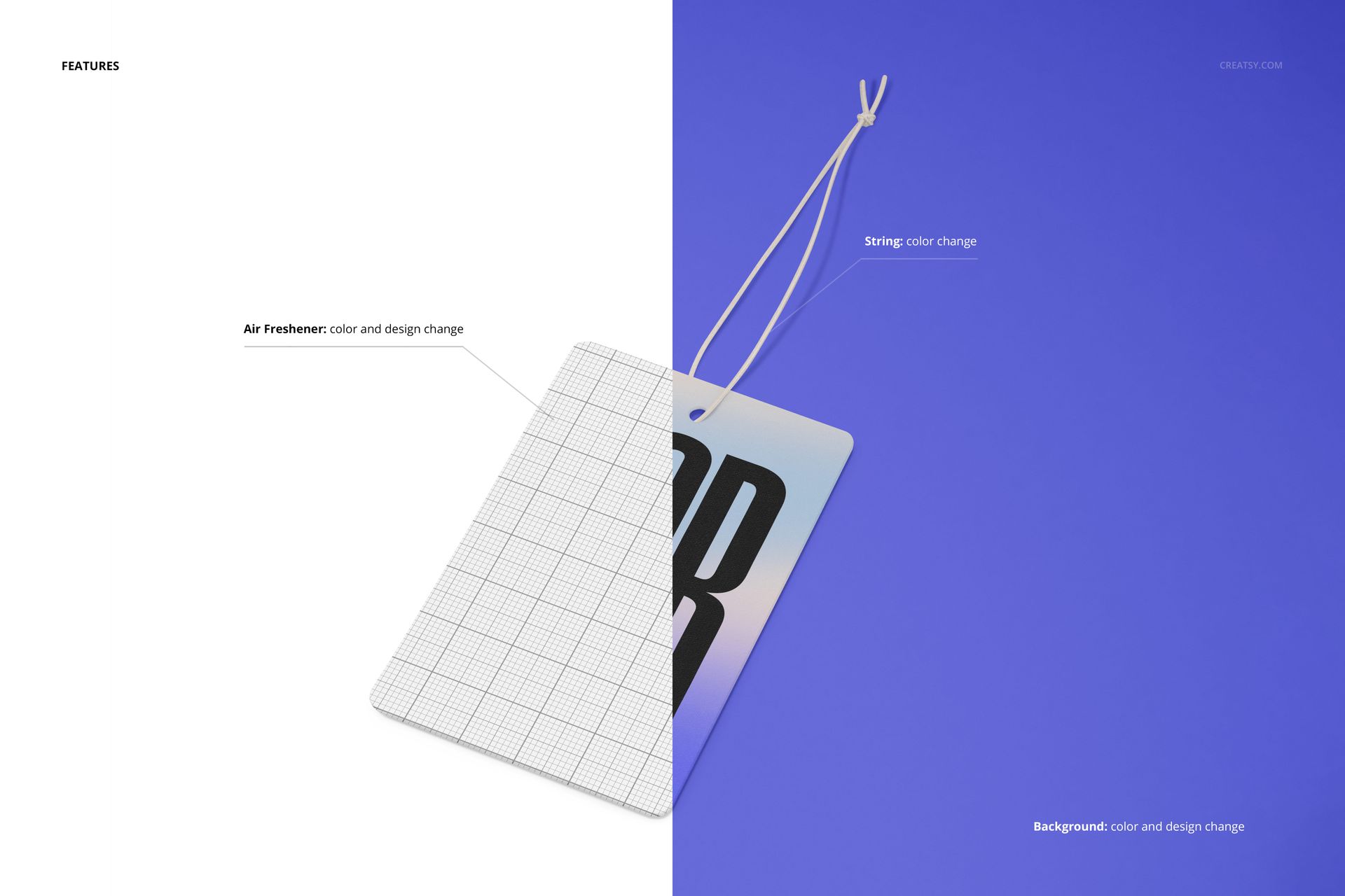 Rectangular car air freshener mockup with string, shown half in grid pattern and half in gradient design on blue background.