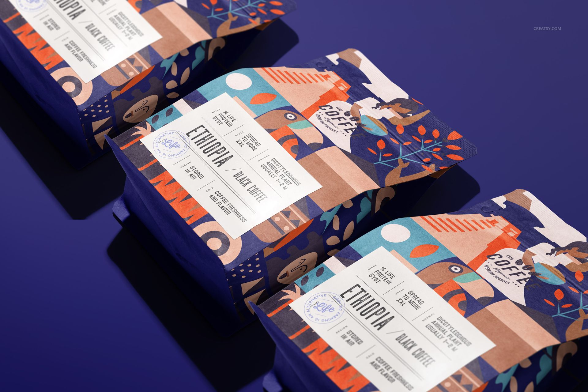 Coffee bag mockup featuring three packages with vibrant designs and labels, shown from a side perspective on purple.