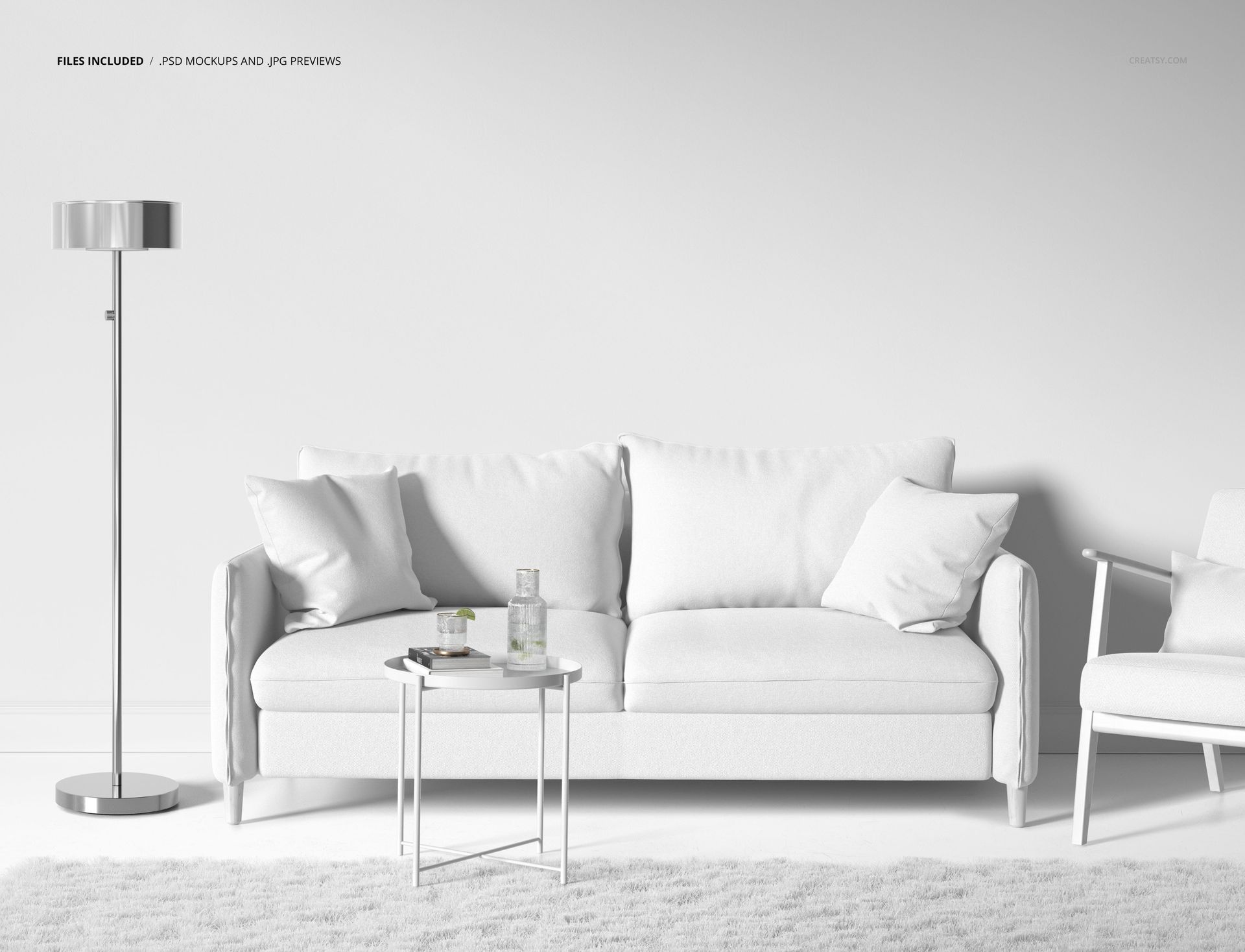 PSD mockup showing a modern sofa and armchair with pillows, accompanied by a metal floor lamp and glass-topped table.
