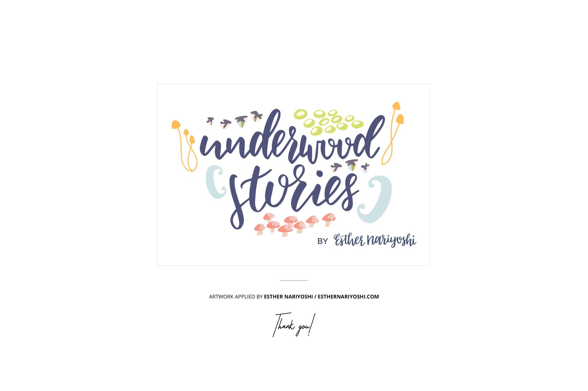 Rectangular paper card with whimsical text and colorful illustrated elements, viewed from the front on a white background.