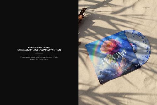 Vinyl album mockup featuring a colorful record and floral cover placed on sand, shadowed by reed leaves.