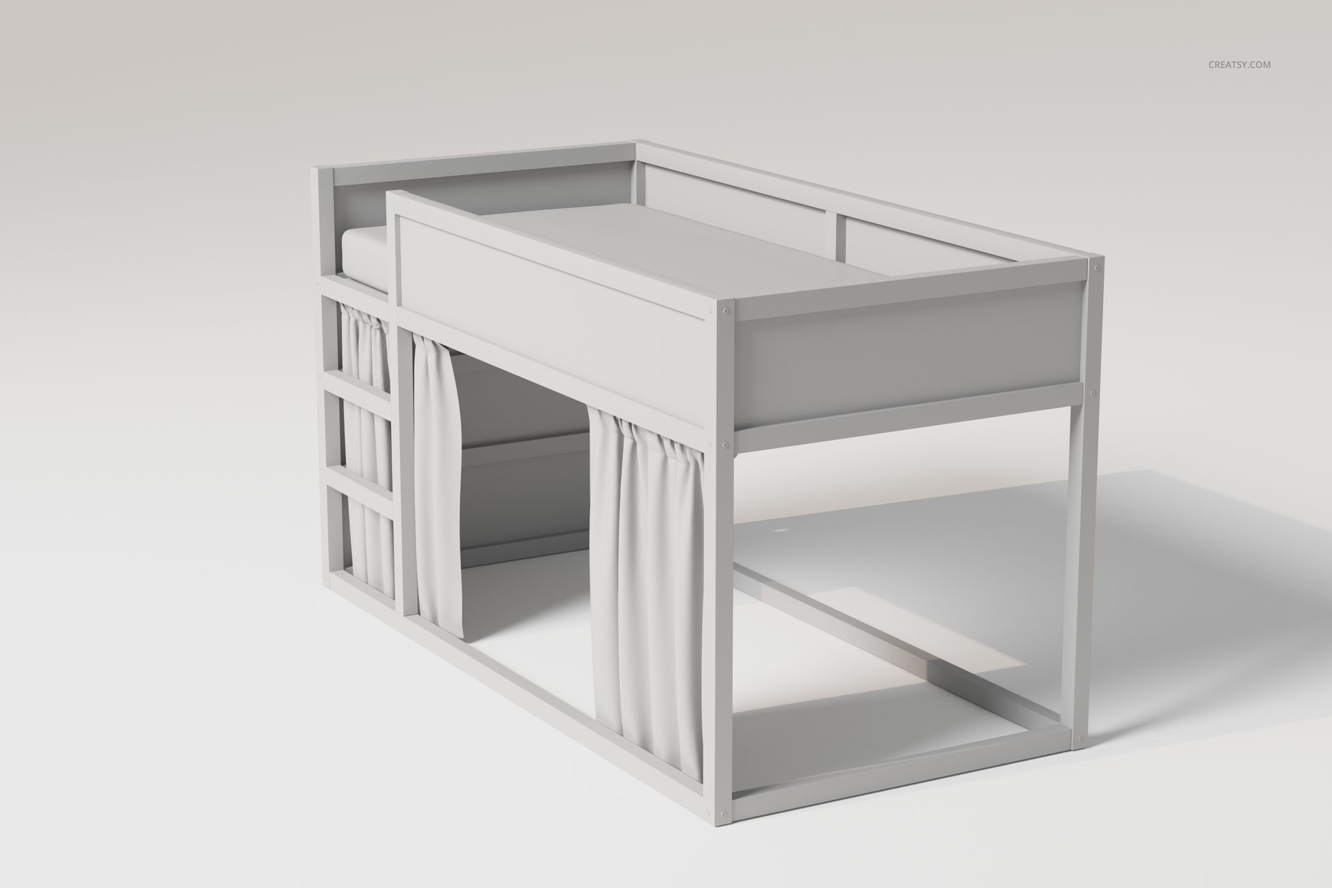 Reversible bunk bed set in light gray, shown from a front-side angle with ladder and curtain below the top bunk.