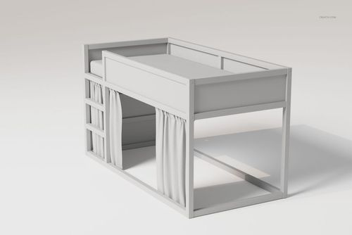 Reversible bunk bed set in light gray, shown from a front-side angle with ladder and curtain below the top bunk.