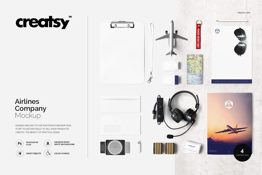 Flat lay of airline company stationery mockup with business cards, letterhead, clipboard, headset, pen, and travel props.