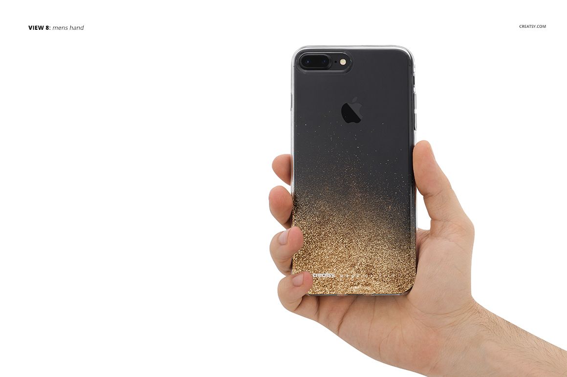 iPhone 7 Plus clear case mockup showing a gold glitter pattern, held in a right hand against a plain backdrop.