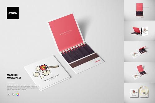 PSD mockup featuring open and closed matchbooks with red match heads and graphic designs, arranged on a neutral surface.