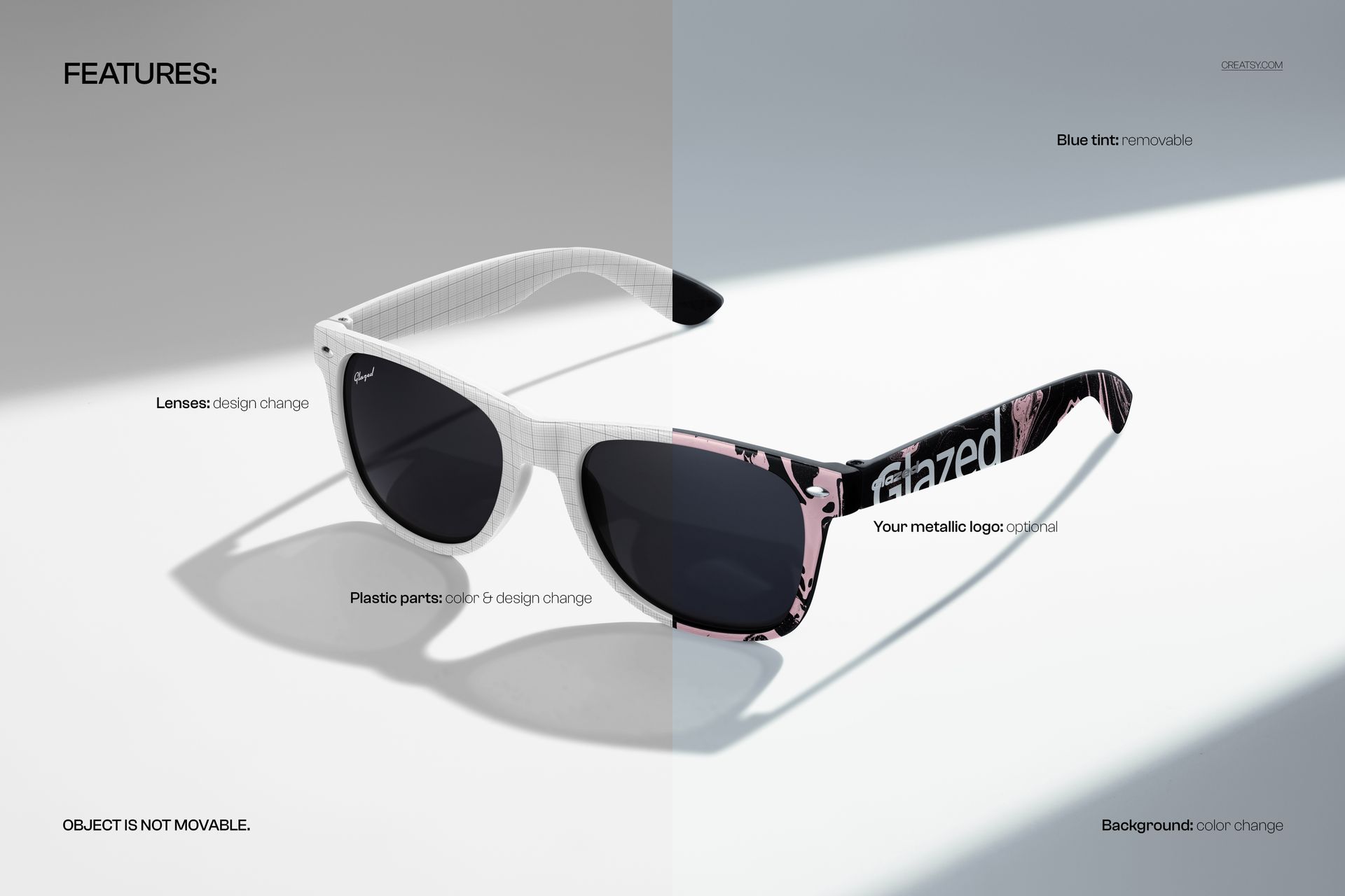 Front view of sunglasses mockup with black lenses and patterned white and pink frames, set on a split light background.