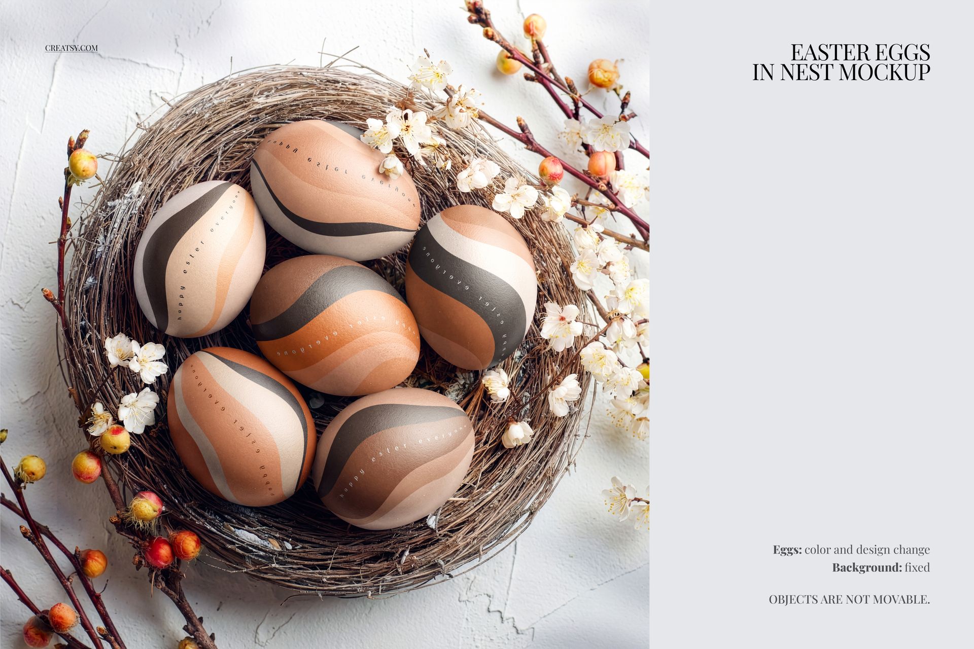 Front view of a nest mockup with five decorated Easter eggs in earthy tones, surrounded by cherry blossom branches.