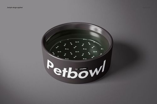 Pet bowl mockup featuring a black bowl with bold white lettering and bone motifs inside, displayed on a neutral background.