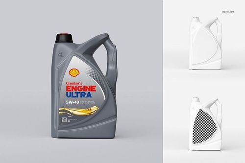 Gray motor oil bottle mockup with black cap, featuring editable label and background, displayed from the front.