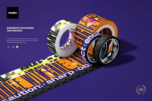 Quadruple packaging tape mockup featuring four rolls of tape with different colorful designs on a purple background.
