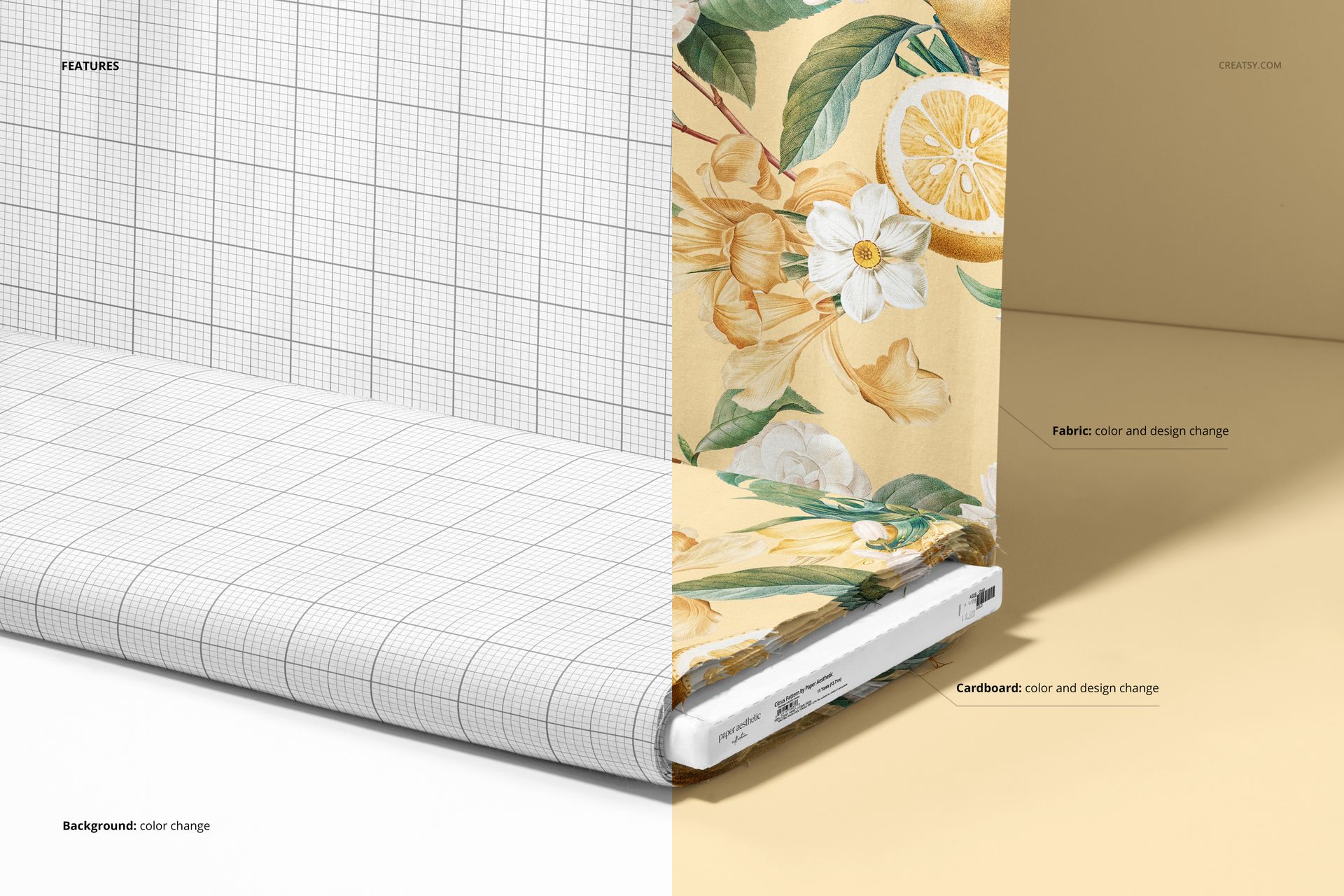 Fabric bolt mockup showing a roll of fabric with a yellow floral and lemon pattern, split with a grid design, front view.