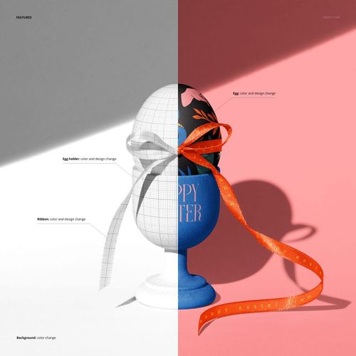 Easter egg cup mockup featuring a decorated egg in a blue holder with an orange ribbon, shown in split view.