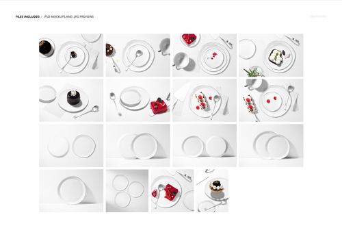 Collection of plate mockups featuring pastries, cakes, and spoons on a white background, presented in overhead perspective.