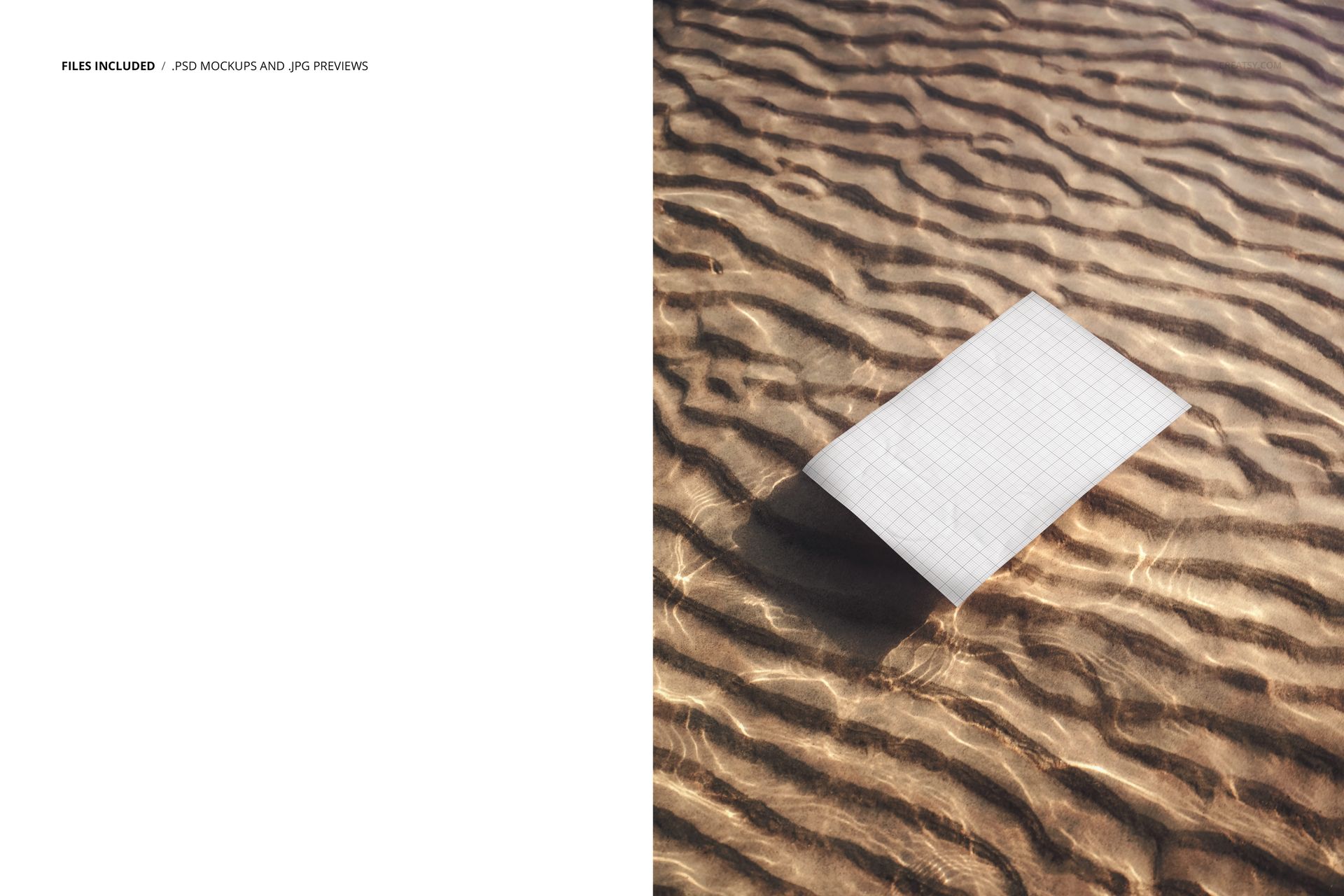 Rectangular poster with a grid pattern floating on rippled water, viewed from above in a PSD mockup scene.