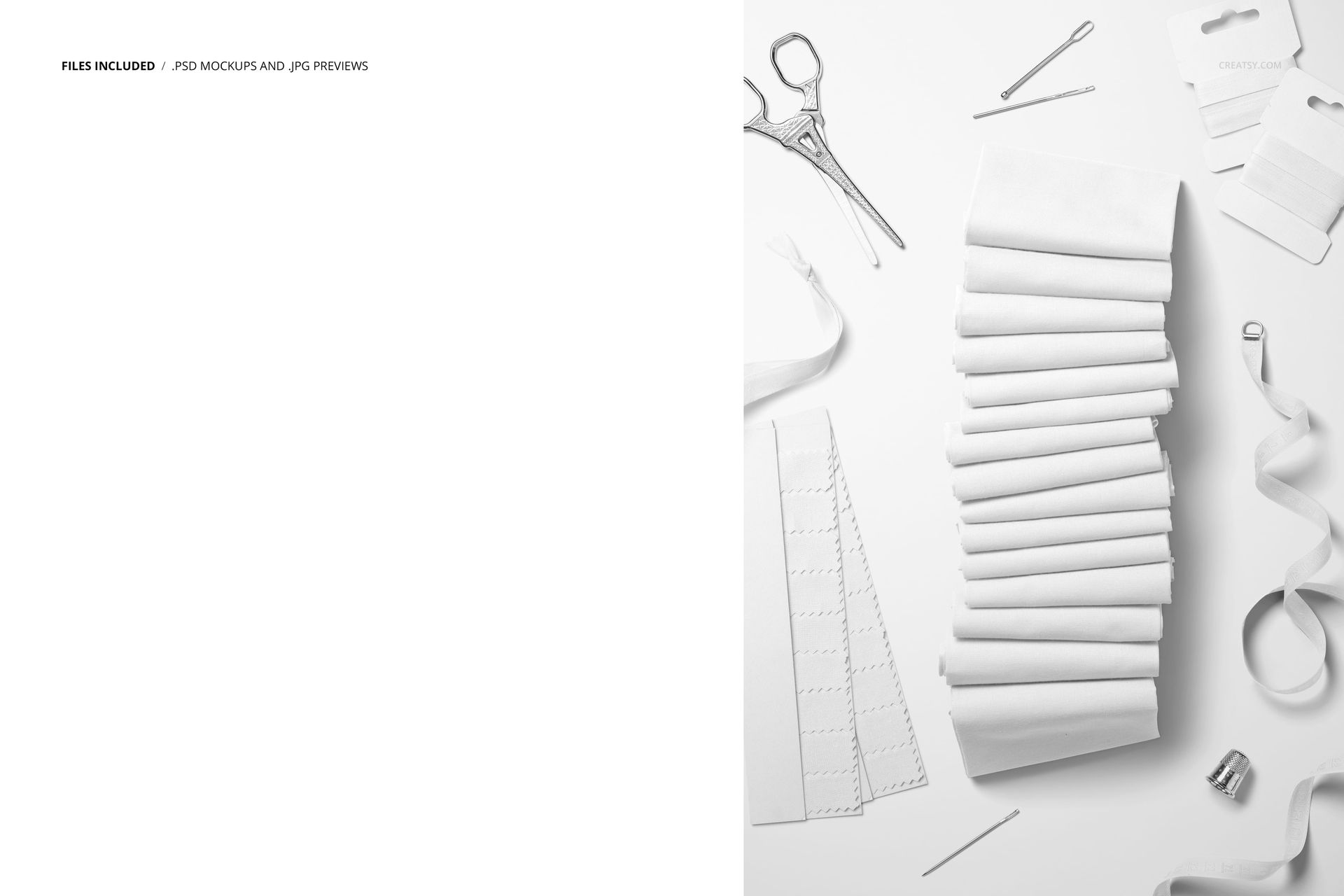 Cotton fabric pieces neatly arranged beside swatch cards, scissors, and sewing accessories in a top view mockup scene.
