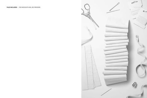 Cotton fabric pieces neatly arranged beside swatch cards, scissors, and sewing accessories in a top view mockup scene.