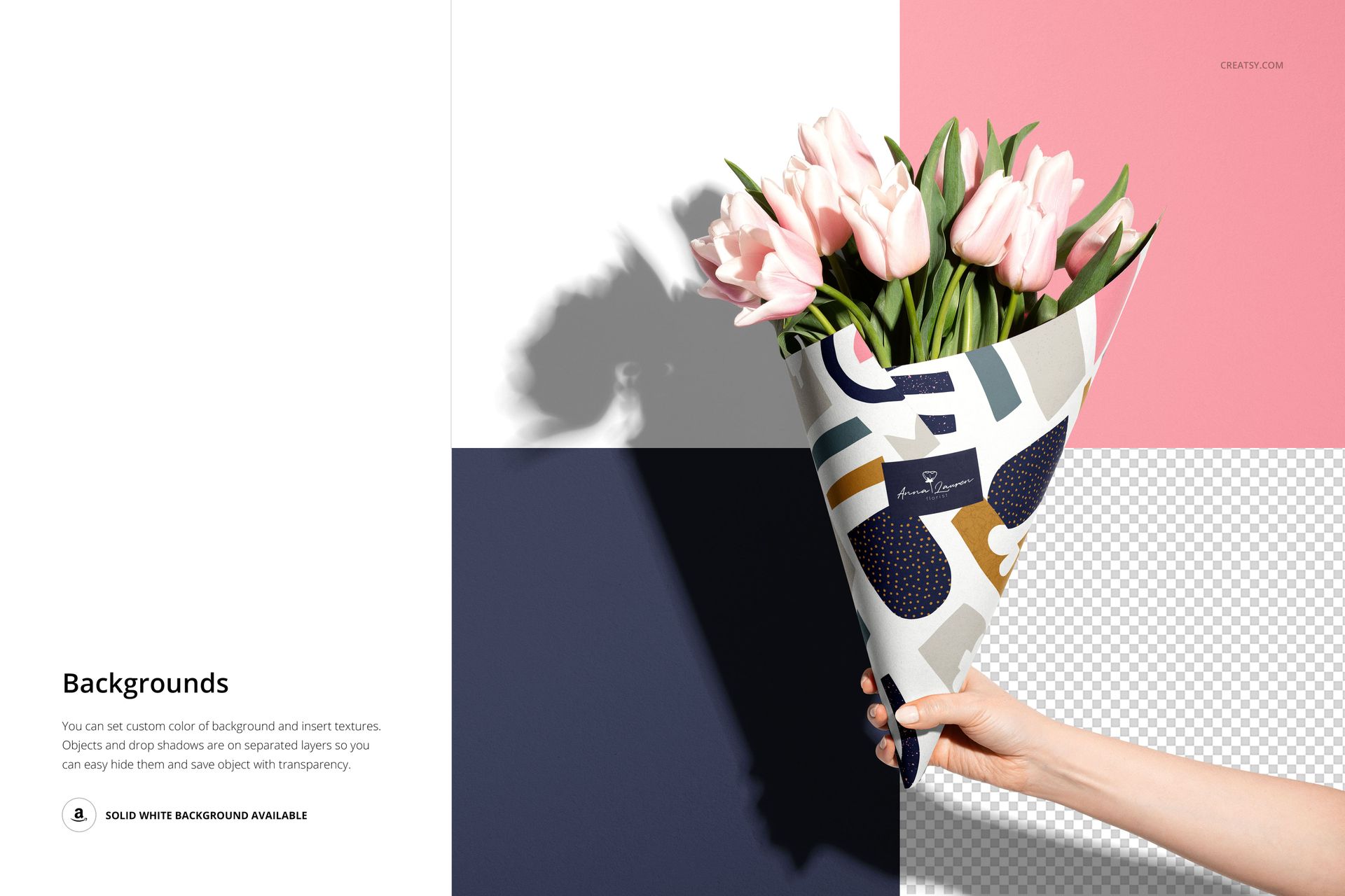 Flowers packaging cone mockup with pink tulips, abstract pattern, and four-color background, PSD template scene.