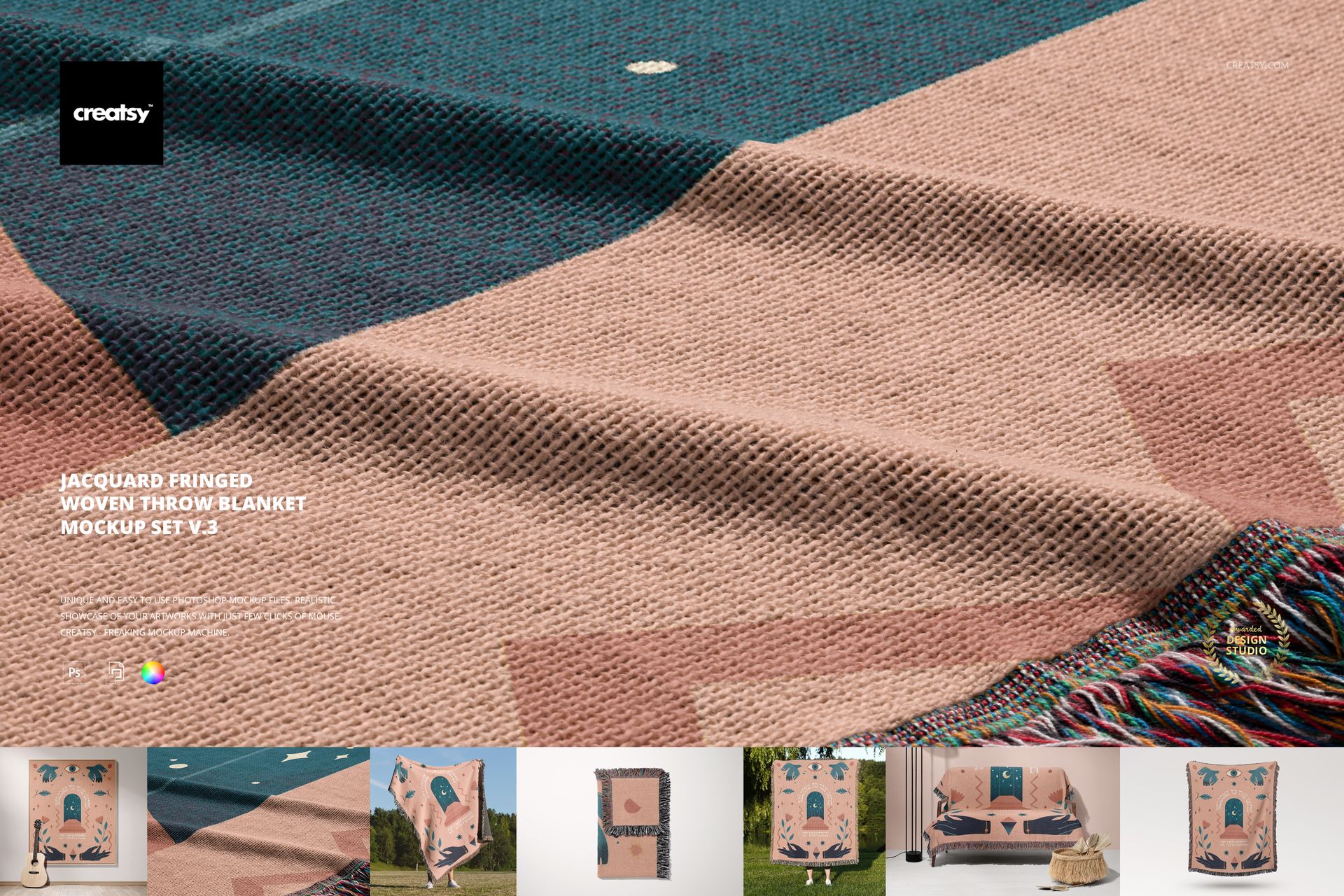 Textured woven throw blanket mockup featuring fringed edges and abstract shapes in muted pink and dark green tones.