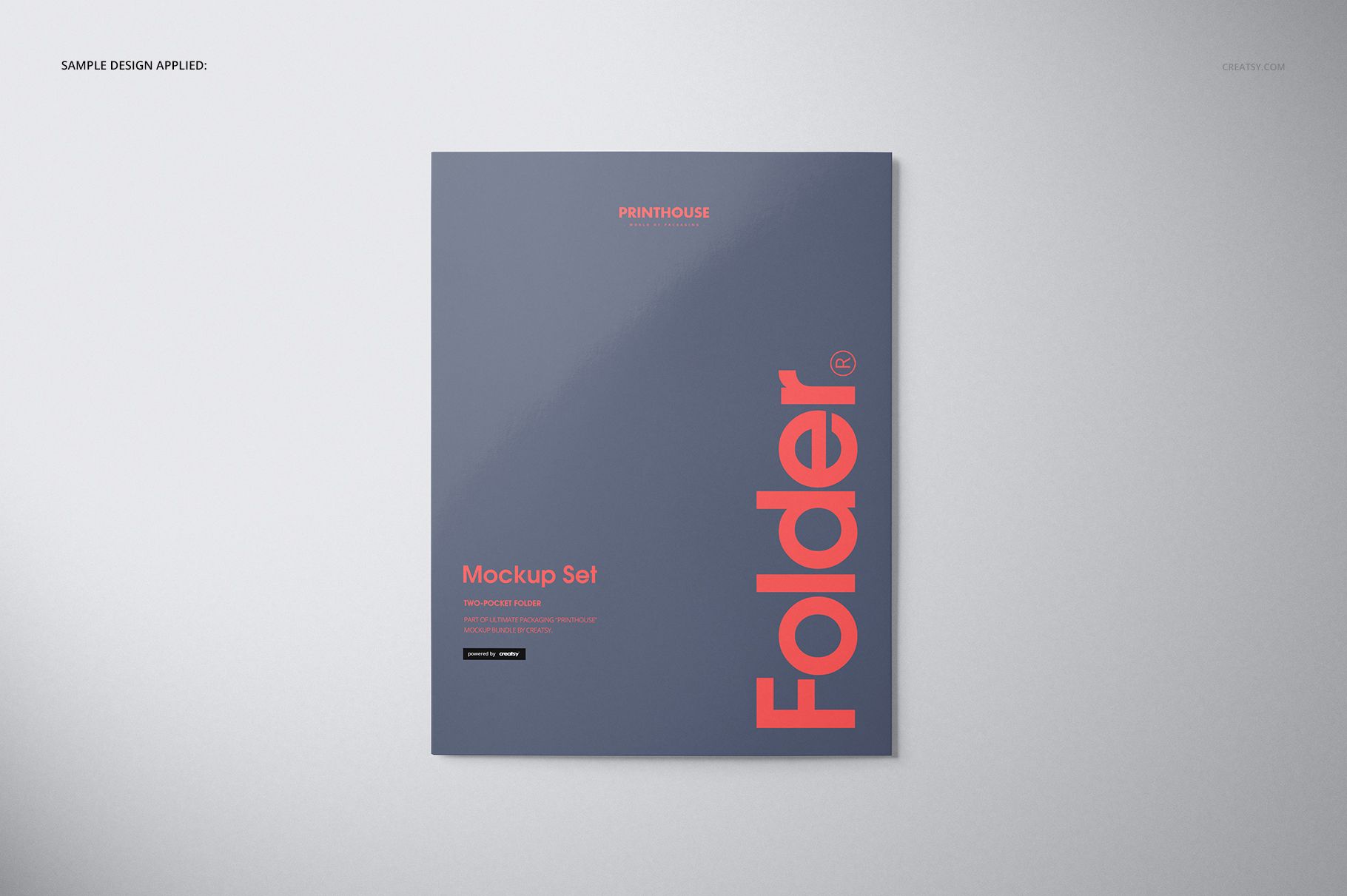 Front view of a two-pocket folder mockup with a dark blue cover and bold red text, placed on a light gray background.