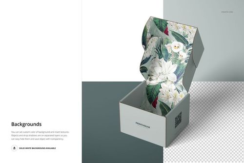 Front view of an open mailer box mockup with a floral pattern on the inner lid and base, set on a split background.