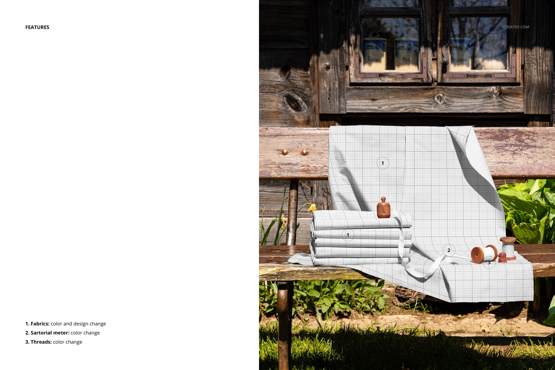 Mockup of fabrics featuring a grid design, arranged on a weathered bench with sewing tools in a rural setting.