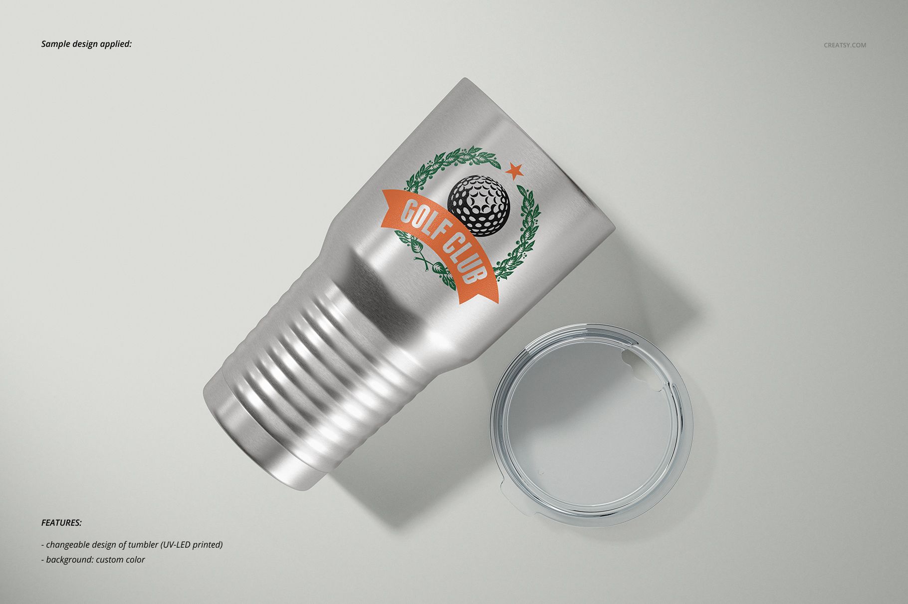 Silver ringneck tumbler mockup featuring a golf club logo, displayed next to a clear lid on a neutral background.