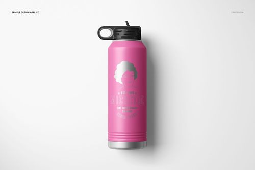 Front view of a powder coated 40 oz. water bottle mockup in bright pink with a silver cap, set against a white background.