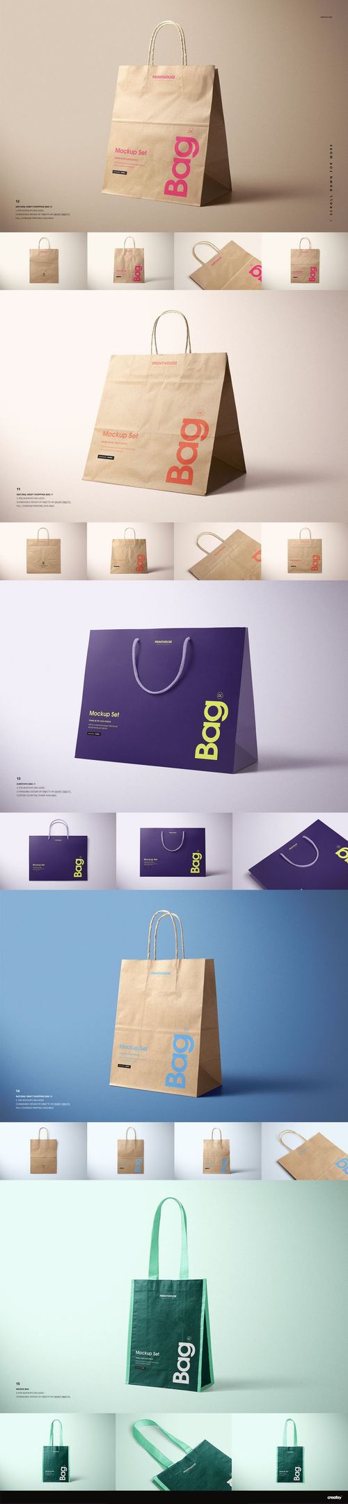 Set of packaging mockups featuring kraft and colored paper bags with printed text, shown in multiple views.