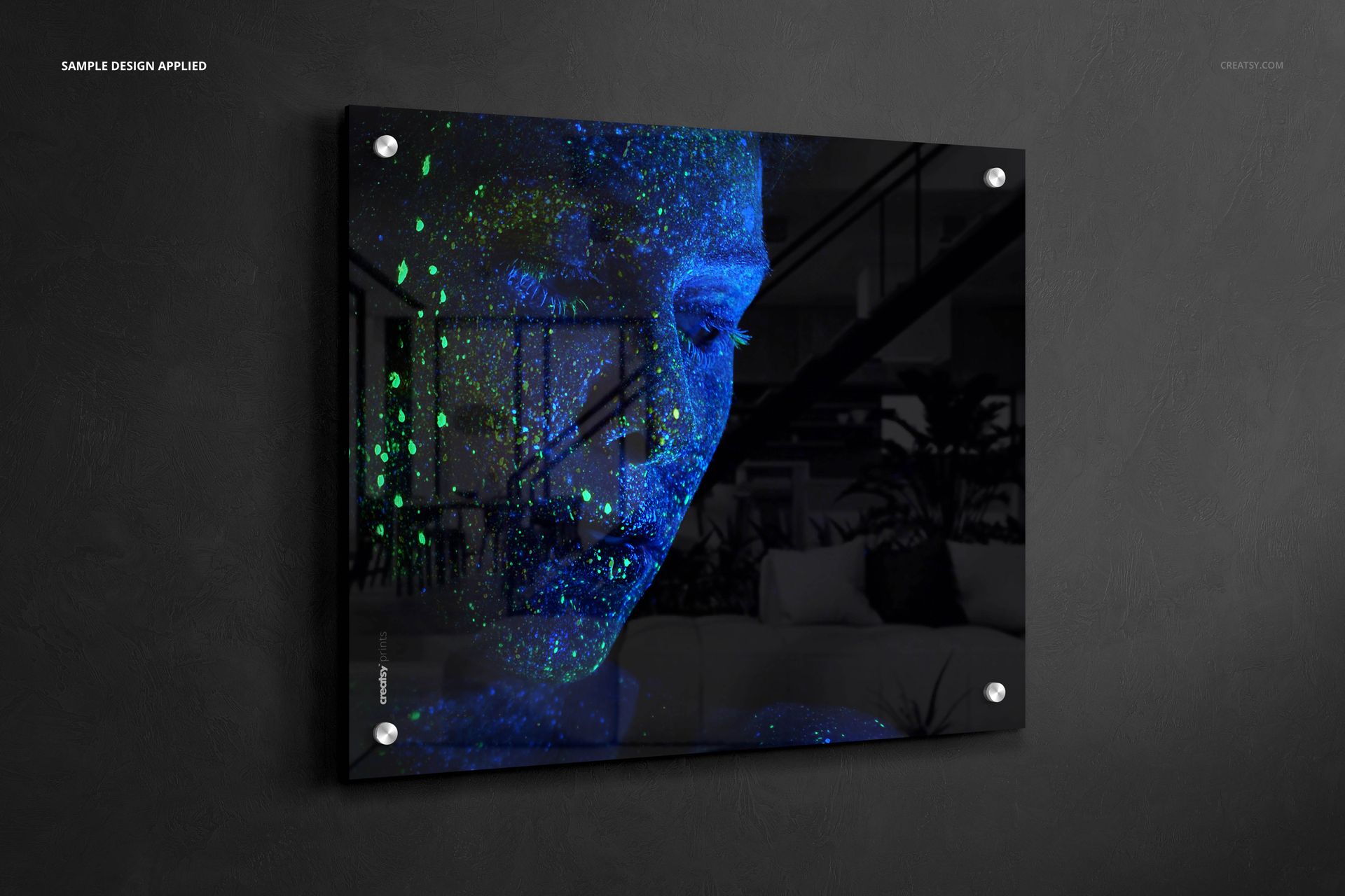 Rectangular acrylic print mockup mounted on a dark wall, featuring a vibrant blue and green abstract face design.