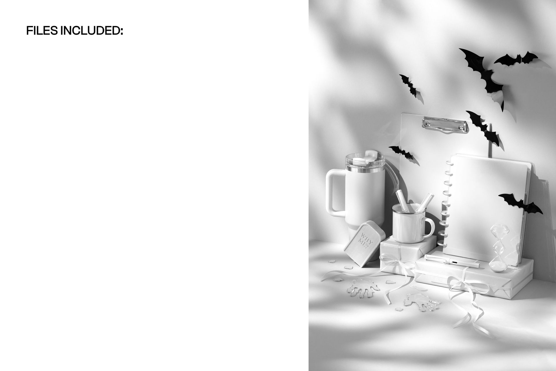 PSD mockup of a Halloween workspace scene with drinkware, paper goods, and bat-shaped props in monochrome tones.