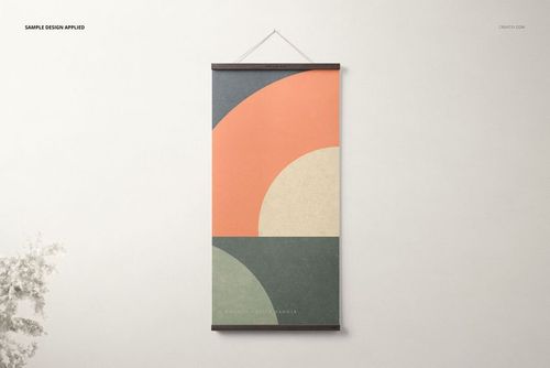 Vertical poster mockup with wooden top and bottom hangers, featuring abstract shapes in muted orange and green tones.