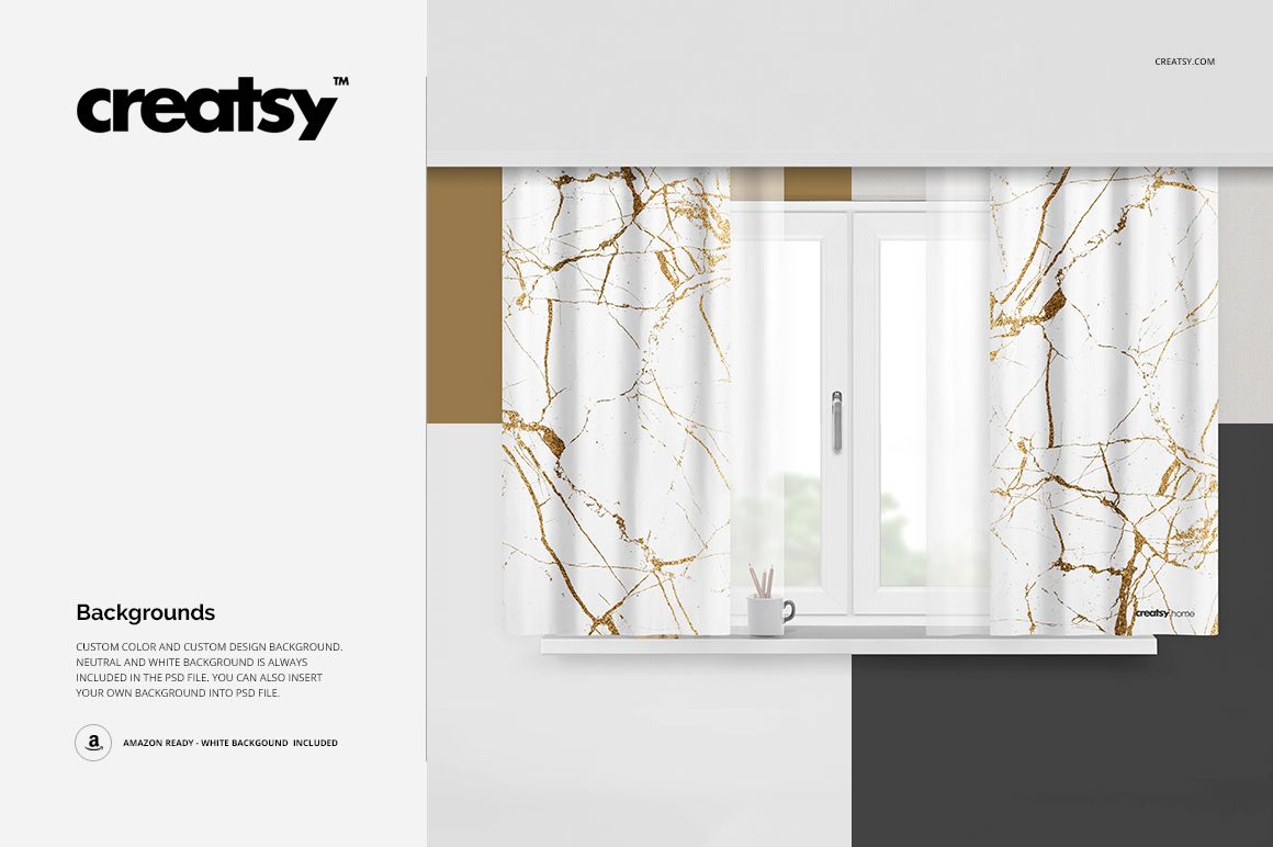 Front view of a short curtain mockup with marble design in white, gold, and gray, displayed in a modern interior.