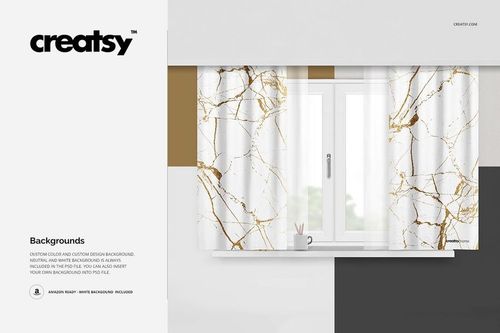 Front view of a short curtain mockup with marble design in white, gold, and gray, displayed in a modern interior.