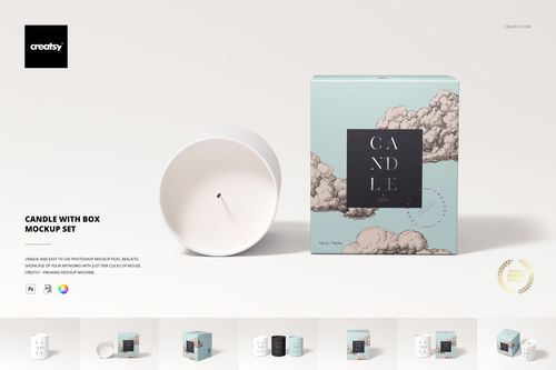 Cotton wick candle and decorative box mockup shown side by side, featuring soft pastel colors and cloud illustration.