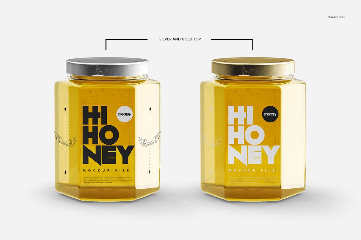 Two honey jars mockup shown side by side, each with a hexagonal shape, metallic lids, and editable label designs.