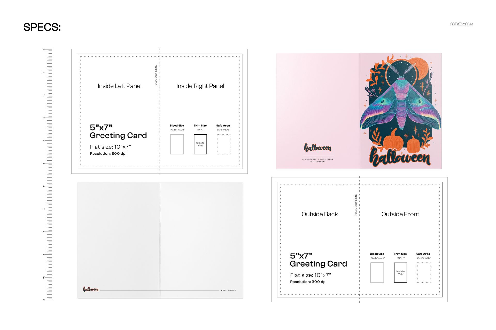 Front and back view of a 5x7 greeting card mockup featuring a colorful moth and pumpkin on a moonlit Halloween design.