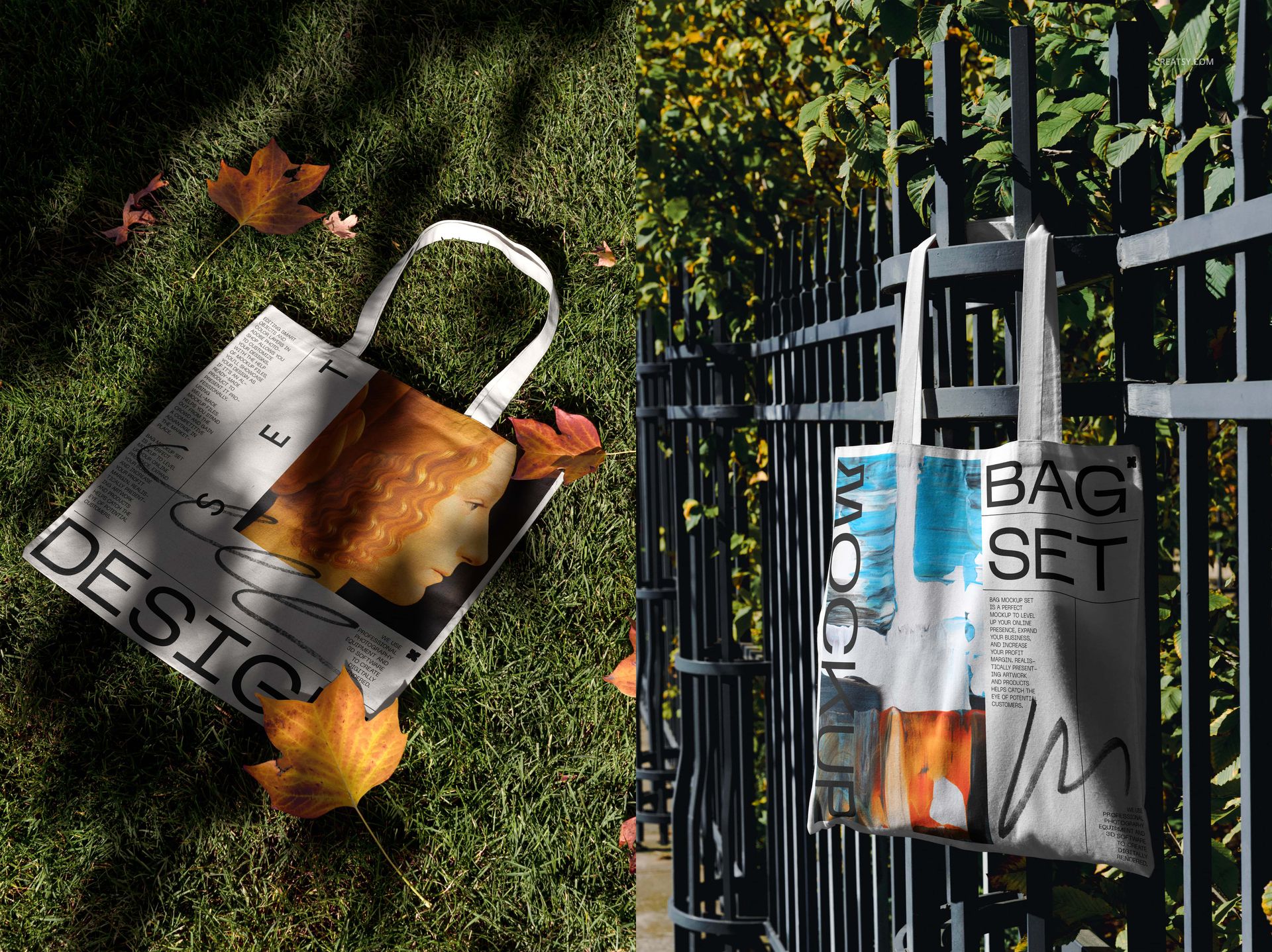 Tote bag mockup featuring a white canvas bag with artistic print, shown outdoors on grass and hanging on a metal fence.