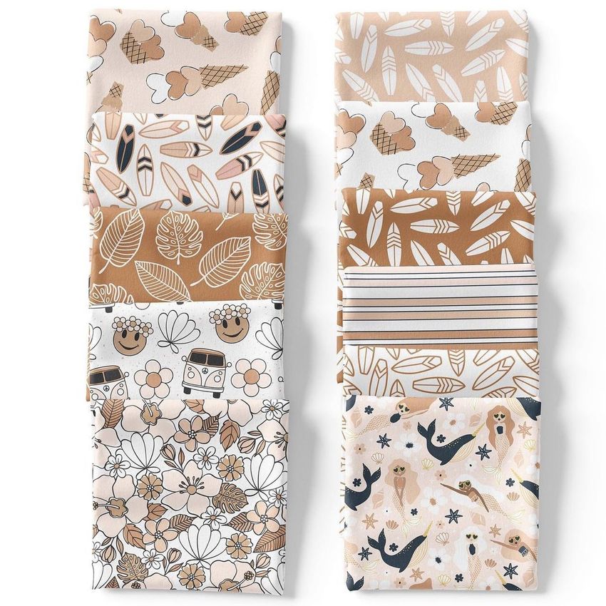 Folded fabrics mockup featuring two stacks of patterned textiles in warm beige and brown tones on a white background.