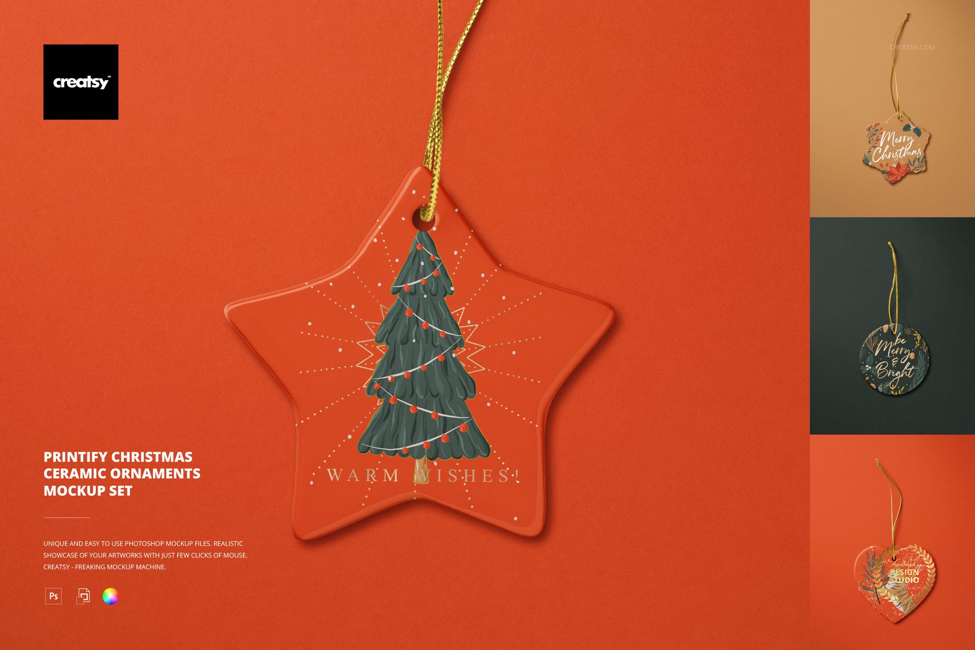 Star-shaped ceramic Christmas ornament mockup with a green tree design and gold string, shown on a red background.