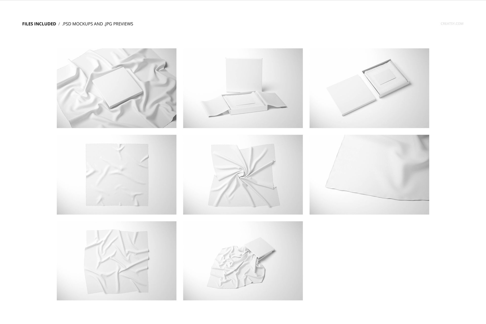 Set of lightweight cashmere scarf mockups featuring folded and flat white fabric, box, and card on white backgrounds.