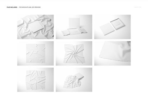 Set of lightweight cashmere scarf mockups featuring folded and flat white fabric, box, and card on white backgrounds.