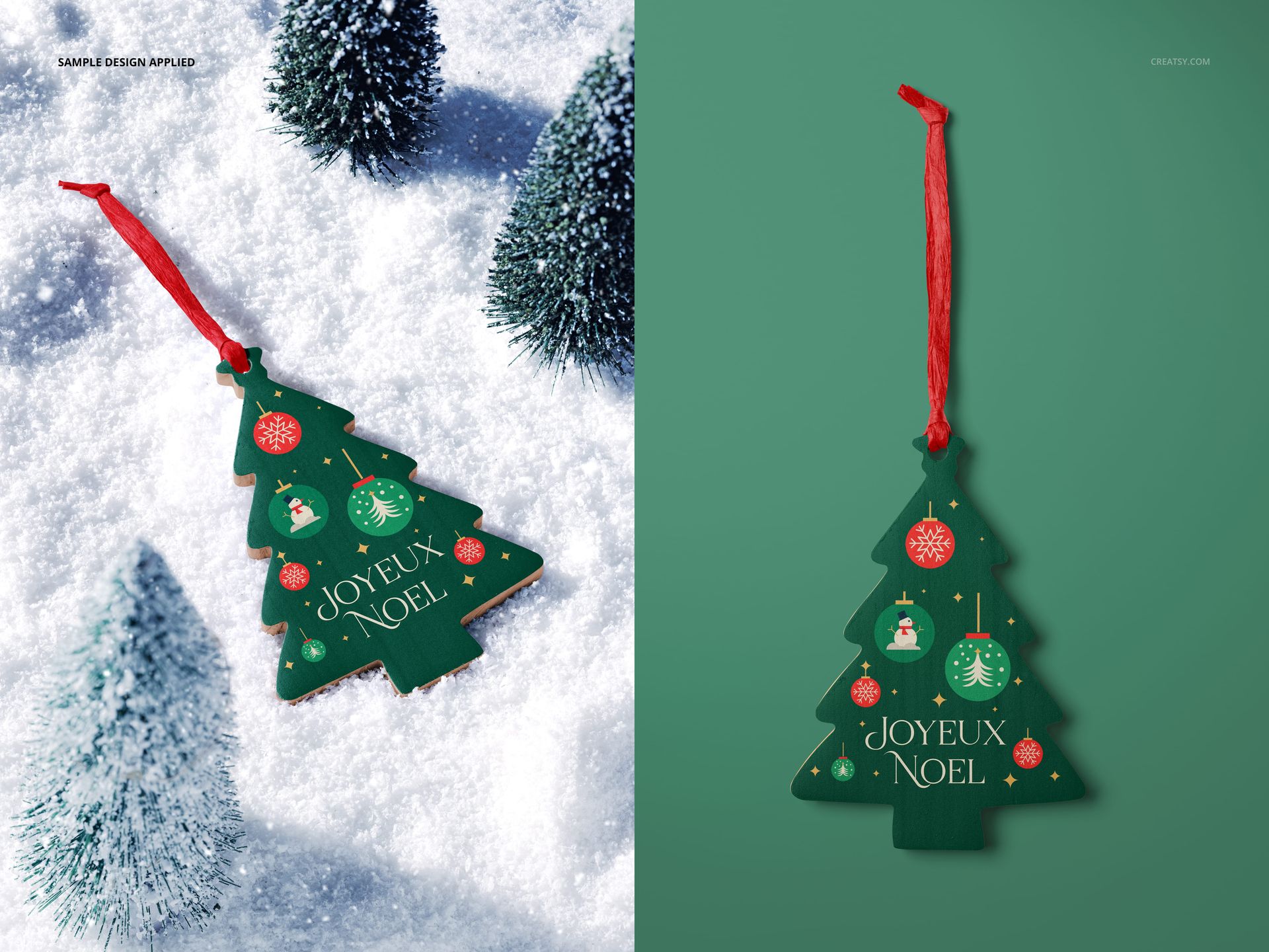 Christmas tree-shaped wooden ornament mockup with green background, red ribbon, and festive printed design.
