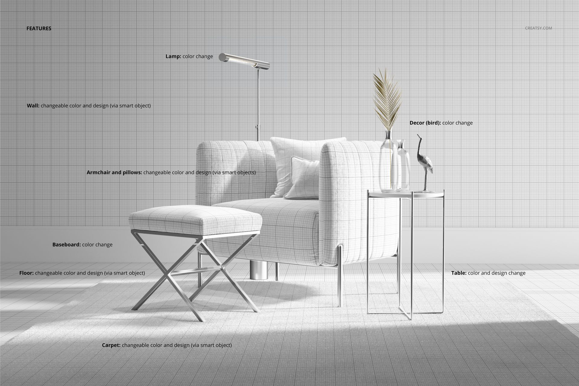 Angled view of a velvet armchair and matching stool mockup with cushions, slim metal side table, and decorative accents in a modern interior.