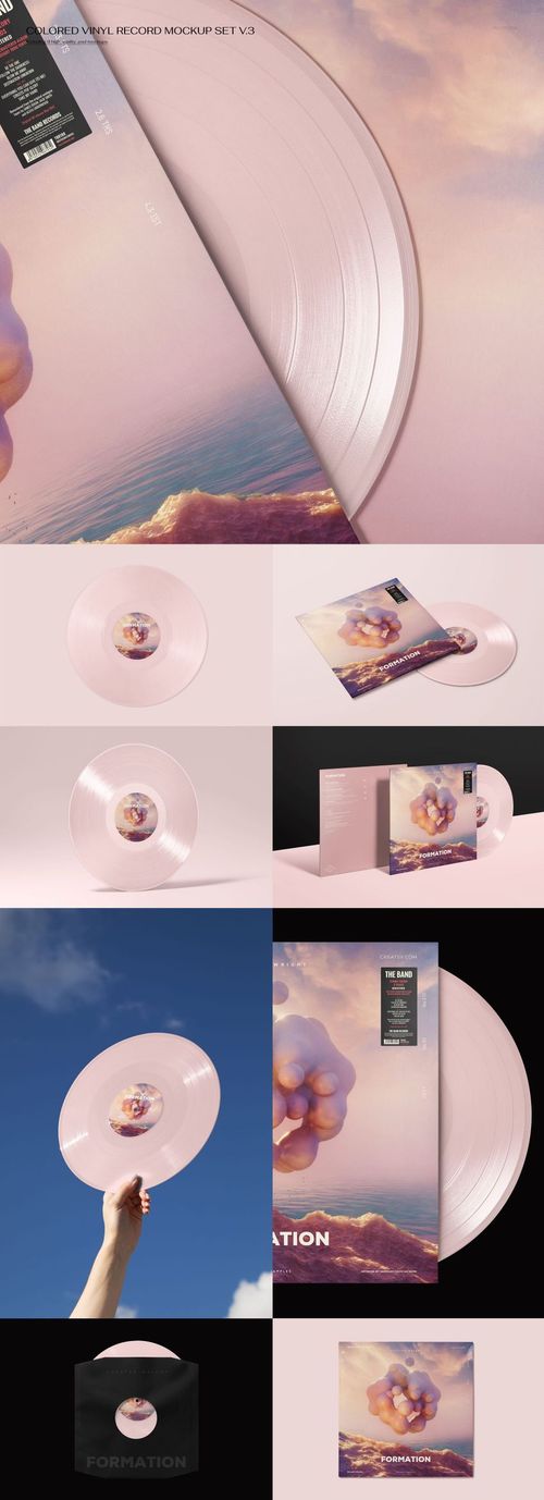 Set of vinyl record mockups featuring pastel pink records and album covers with dreamy cloud artwork in various scenes.