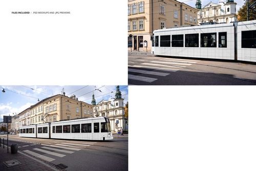 Side view of a modern light rail vehicle mockup with a white exterior and grid pattern, positioned on a city street.