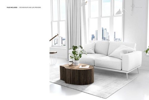 Modern loft living room mockup with a white sofa, wooden coffee tables, potted plant, and large windows in bright daylight.