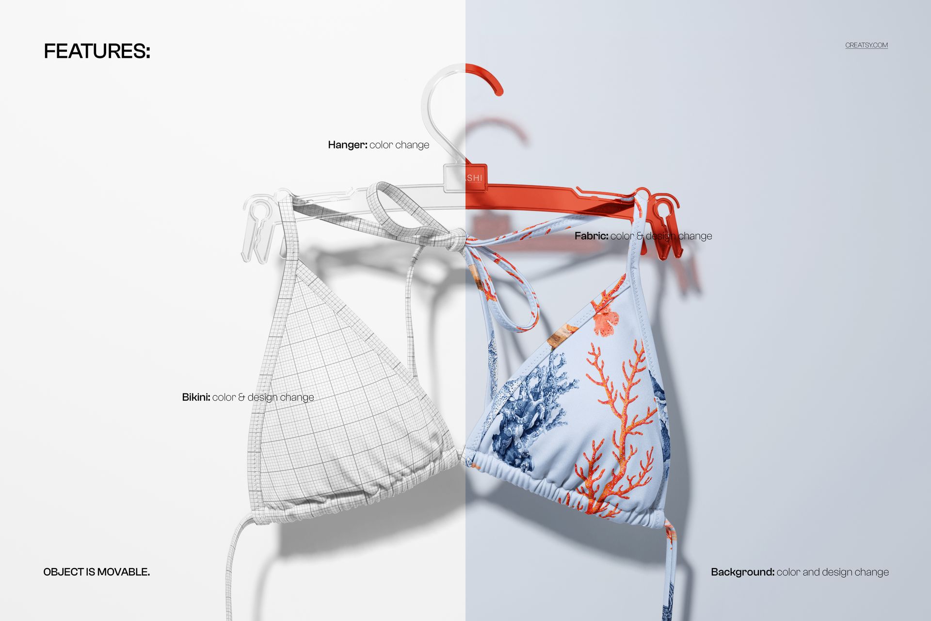Triangle bikini top mockup displayed on a hanger, showing both a geometric grid and a coral reef pattern in bright colors.