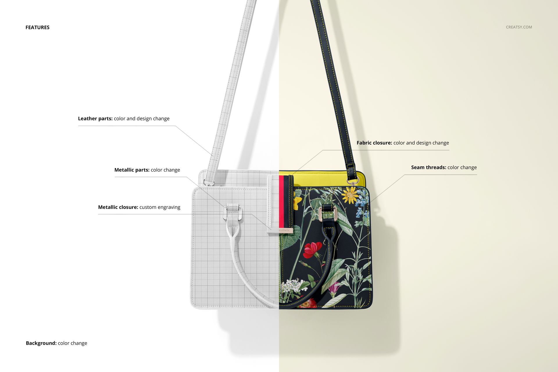 Front view of a leather handbag mockup with one half showing a grid design and the other half with a colorful floral pattern.