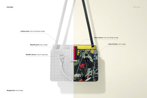 Front view of a leather handbag mockup with one half showing a grid design and the other half with a colorful floral pattern.